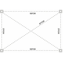 Rozměry obdélníkového pavilonu: 567 centimetrů krát 371 centimetrů