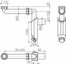 Technický výkres sifonu s rozměry