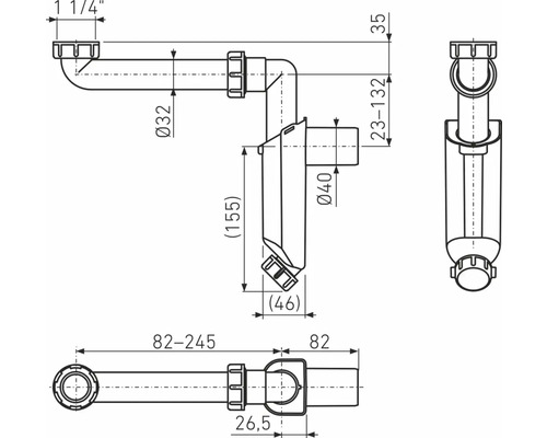 Technický výkres sifonu s rozměry