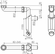 Technický nákres sifonu s rozměry