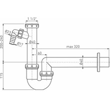 Technický nákres sifonu s rozměry