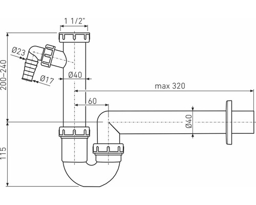 Technický nákres sifonu s rozměry