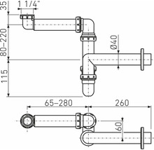 Technický nákres sifonu s rozměry.