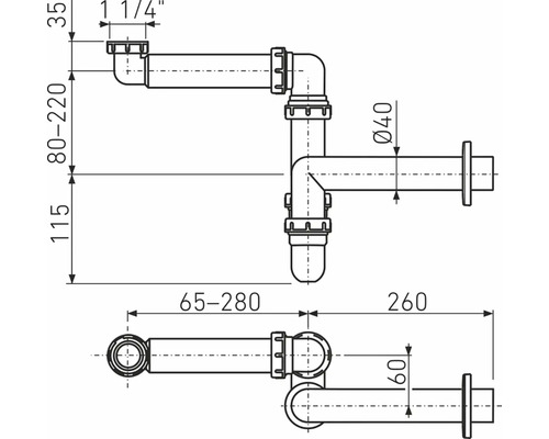 Technický nákres sifonu s rozměry.