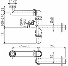 Technický nákres sifonu s rozměry