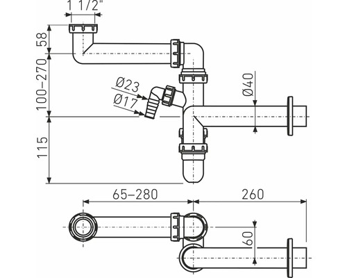 Technický nákres sifonu s rozměry