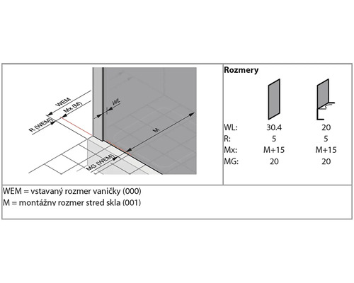 Rozměrový nákres sprchového koutu s kótováním