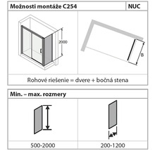 Možnosti montáže sprchového koutu C254 s rohovým řešením a rozměry