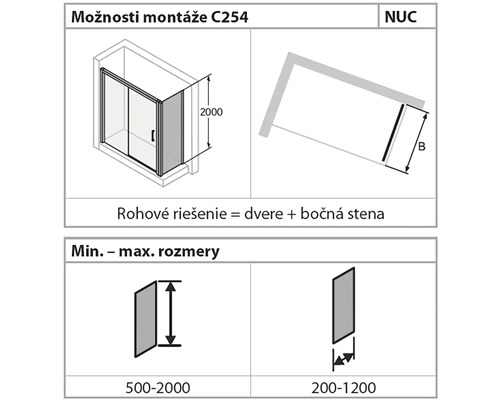 Možnosti montáže sprchového koutu C254 s rohovým řešením a rozměry