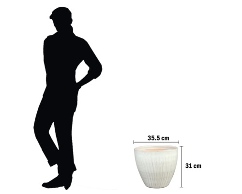 Bílý květináč o rozměrech 35,5 cm krát 31 cm.