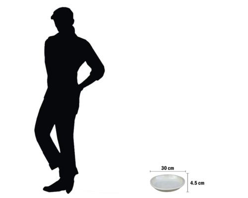 Keramický talíř o rozměrech 30 cm krát 4,5 cm zobrazený vedle siluety osoby