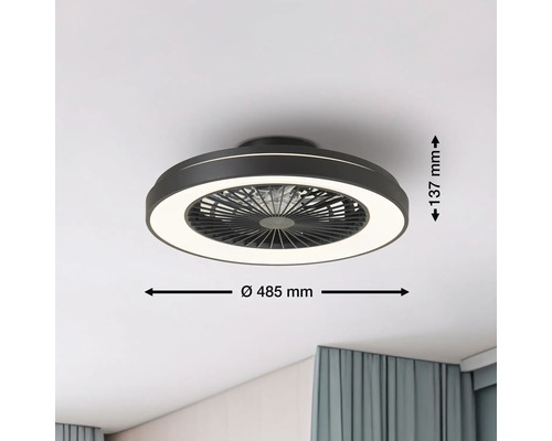 Stropní ventilátor s osvětlením o rozměrech 485 mm v průměru a 137 mm na výšku
