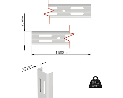 Technický výkres regálové lišty o rozměrech 1500 mm délka, 25 mm výška a 12 mm hloubka, maximální zatížení 55 kg