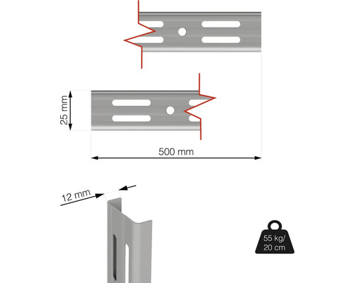 Obrázek lišty regálu o rozměrech 500 mm délka, 25 mm šířka, 12 mm hloubka a nosnost 55 kilogramů při vyložení 20 centimetrů