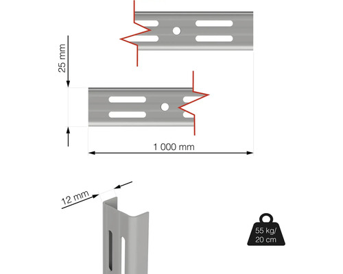 Technický nákres policové lišty o rozměrech 1000 mm délka, 25 mm výška a 12 mm hloubka a nosnost 55 kg při vyložení 20 cm