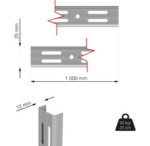 Technický výkres regálové lišty o rozměrech 1500 mm délka, 25 mm výška, 12 mm hloubka a nosnost 55 kg při vyložení 20 cm