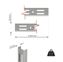 Rozměry regálové lišty, délka 2000 mm, nosnost 55 kg