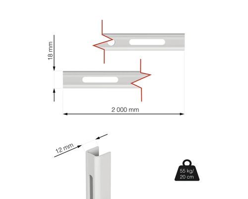 Rozměrové zobrazení profilové lišty o rozměrech 2000 mm délka, 18 mm výška a 12 mm šířka a symbol nosnosti 55 kg a 20 cm