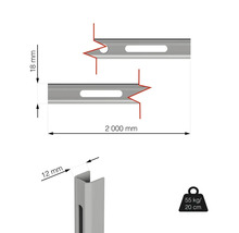 Obrázek profilové lišty o rozměrech 18 mm výška, 12 mm šířka a 2000 mm délka, nosnost 55 kg