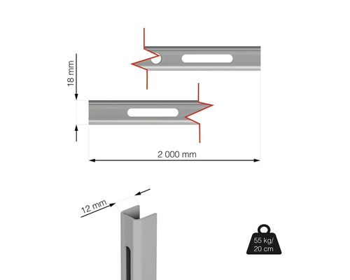 Obrázek profilové lišty o rozměrech 18 mm výška, 12 mm šířka a 2000 mm délka, nosnost 55 kg