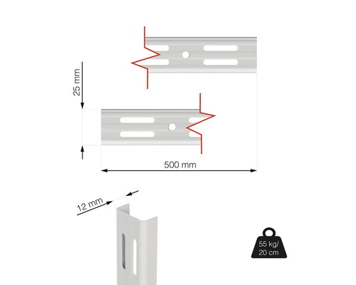 Technický nákres lišty pro police o rozměrech 500 mm délka a 25 mm šířka, nosnost 55 kg při vyložení 20 cm