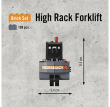 Stavebnice vysokozdvižného vozíku se 109 díly o rozměrech 8,4 x 6,4 centimetru