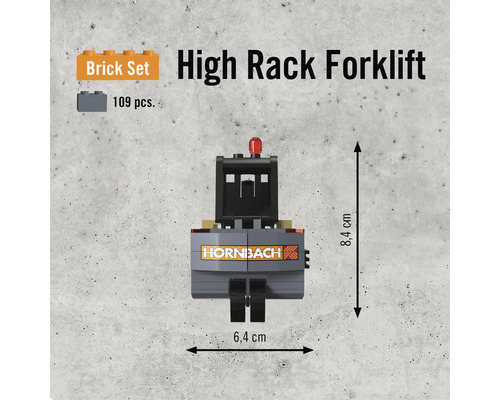 Stavebnice vysokozdvižného vozíku se 109 díly o rozměrech 8,4 x 6,4 centimetru