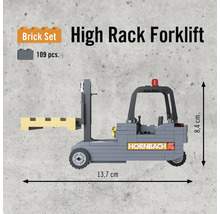 Stavebnice vysokozdvižného vozíku s 109 díly a logem Hornbach.