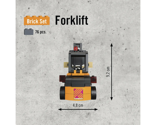 Sada stavebnice vysokozdvižného vozíku se 76 díly a rozměry 9,2 cm na výšku a 4,8 cm na šířku