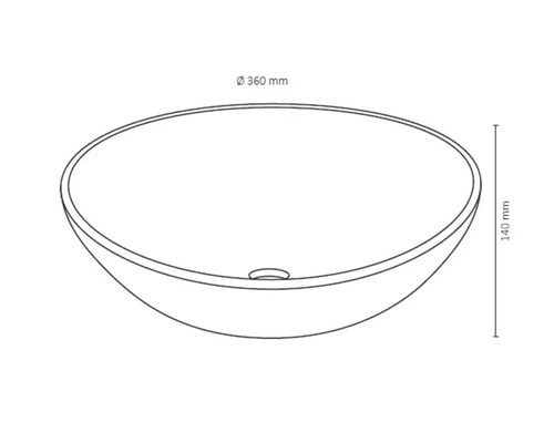 Nákres kulatého umyvadla na desku s rozměry 360 mm v průměru a 140 mm na výšku