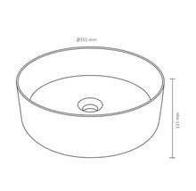 Nákres kulatého umyvadla na desku o rozměrech 355 mm v průměru a 115 mm na výšku