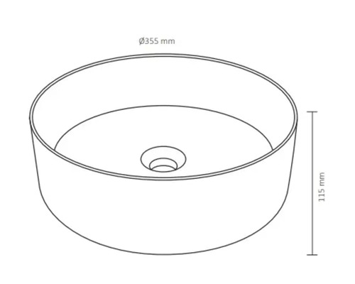 Nákres kulatého umyvadla na desku o rozměrech 355 mm v průměru a 115 mm na výšku