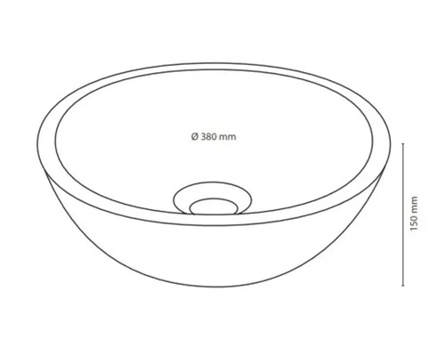 Nákres umyvadla na desku o průměru 380 mm a výšce 150 mm