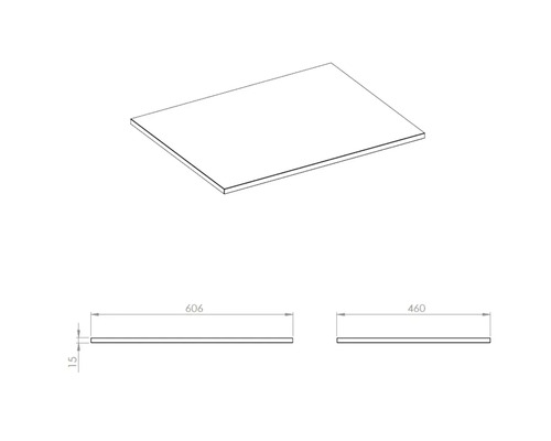 Deska umyvadla s rozměry 606 x 460 x 15 milimetrů.
