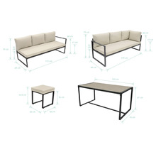 Sada zahradního nábytku s pohovkou, stolem a stoličkou s rozměry