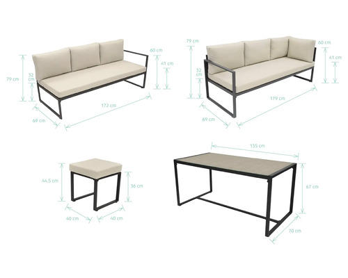 Sada zahradního nábytku s pohovkou, stolem a stoličkou s rozměry