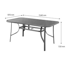 Zahradní stůl se skleněnou deskou, délka 1540 mm, šířka 970 mm a výška 720 mm