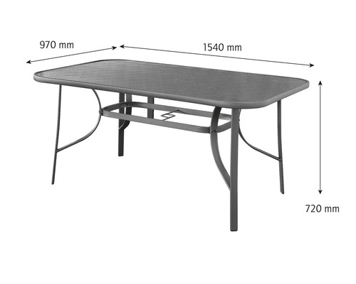 Zahradní stůl se skleněnou deskou, délka 1540 mm, šířka 970 mm a výška 720 mm