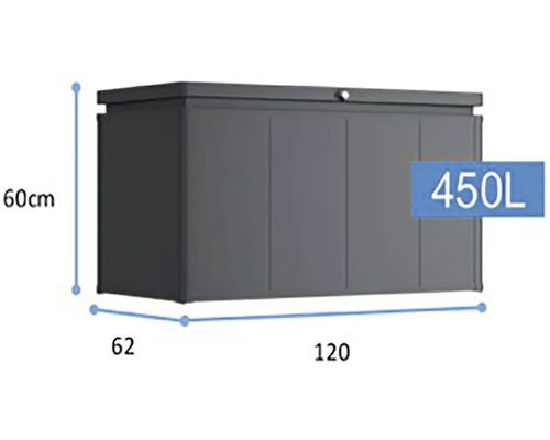 Zahradní box o objemu 450 litrů a rozměrech 60 krát 62 krát 120 centimetrů.