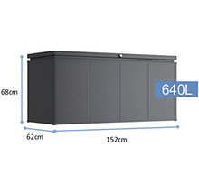 Zahradní box o rozměrech 68 cm výška, 62 cm hloubka a 152 cm šířka a objemu 640 litrů.