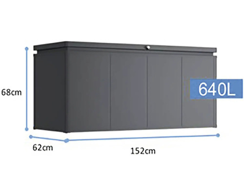 Zahradní box o rozměrech 68 cm výška, 62 cm hloubka a 152 cm šířka a objemu 640 litrů.