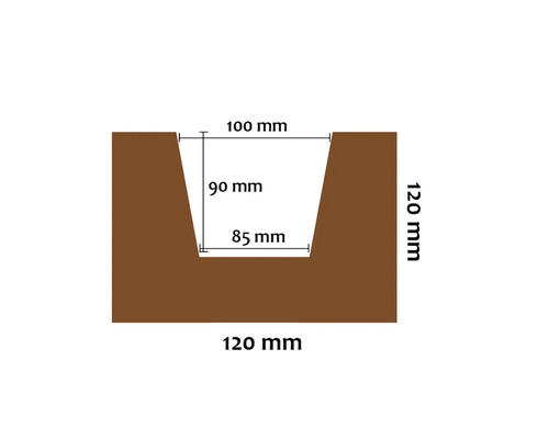 Rozměry profilu U: 120 mm x 120 mm vnější, 100 mm x 85 mm vnitřní, hloubka 90 mm