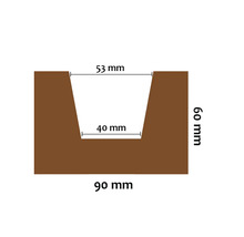 Řez drážkovaného bloku s rozměry 90 mm šířka, 60 mm výška, 53 mm horní šířka drážky a 40 mm spodní šířka drážky