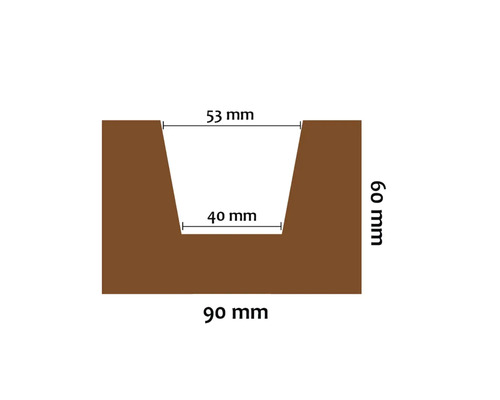 Řez drážkovaného bloku s rozměry 90 mm šířka, 60 mm výška, 53 mm horní šířka drážky a 40 mm spodní šířka drážky