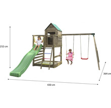 Dětská hrací věž s houpačkou a skluzavkou o rozměrech 430 x 364 x 252 centimetrů