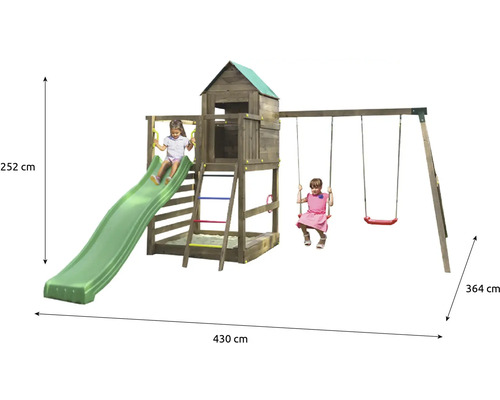 Dětská hrací věž s houpačkou a skluzavkou o rozměrech 430 x 364 x 252 centimetrů