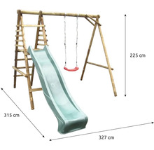 Dřevěná hrací věž se skluzavkou a houpačkou o rozměrech 315 cm x 327 cm x 225 cm