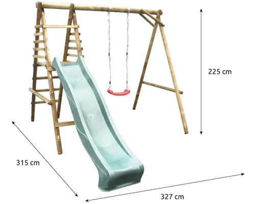 Dřevěná hrací věž se skluzavkou a houpačkou o rozměrech 315 cm x 327 cm x 225 cm