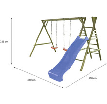 Dřevěná houpačka se skluzavkou a žebříkem do zahrady, rozměry 360 krát 360 krát 225 centimetrů