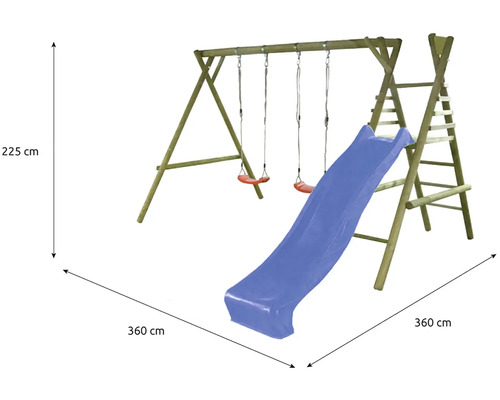 Dřevěná houpačka se skluzavkou a žebříkem do zahrady, rozměry 360 krát 360 krát 225 centimetrů